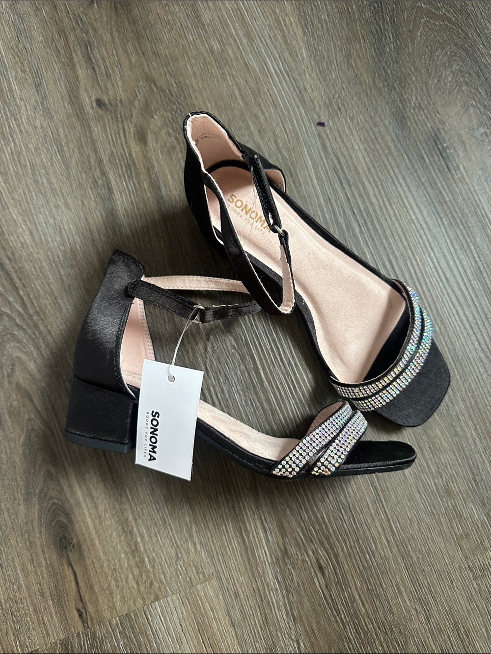 Sonoma Black Satin Block Heel Sandals with Rhinestone Straps size 2